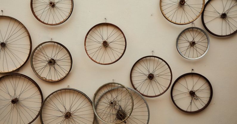 Bike Components - Different shapes and sizes spoke wheels hanging on light wall