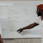 Training Schedule - Two Men Looking At A Workout Schedule On A Whiteboard