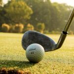 Seasonal Training - Closeup of golf ball placed on green grassy court against golf club under clear blue sky on sunny day